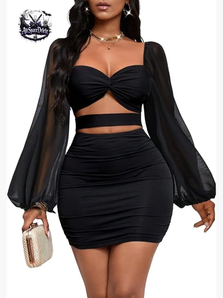 Sexy Mesh Bodycon Mini Dress Puff Sleeve Cut Out Ruched Party Club